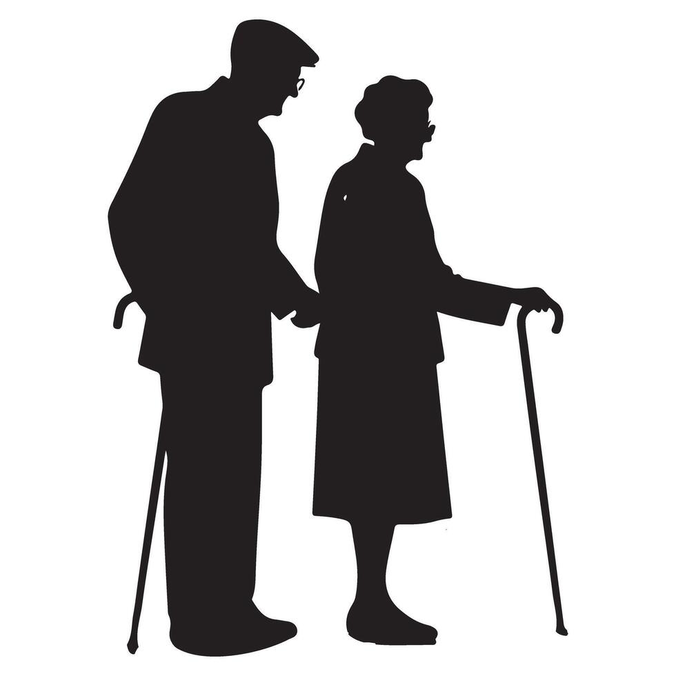 Elderly Couple Silhouette Art with Walking Sticks Support vector