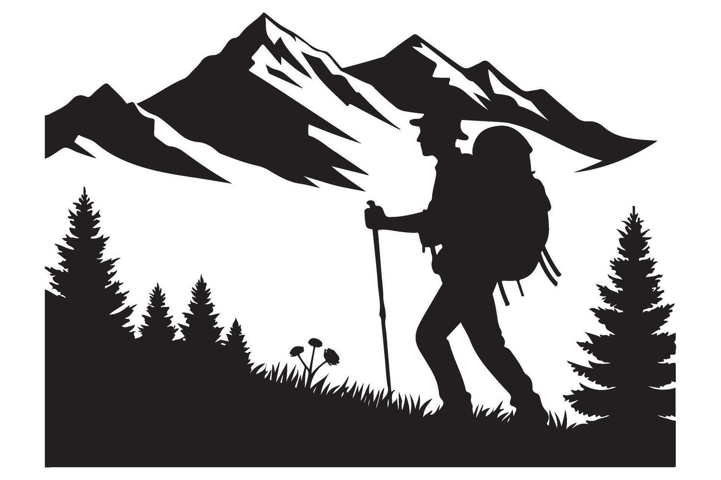 Inspiring Hiker Silhouette Artwork Adventure with Majestic Mountain Scenery vector