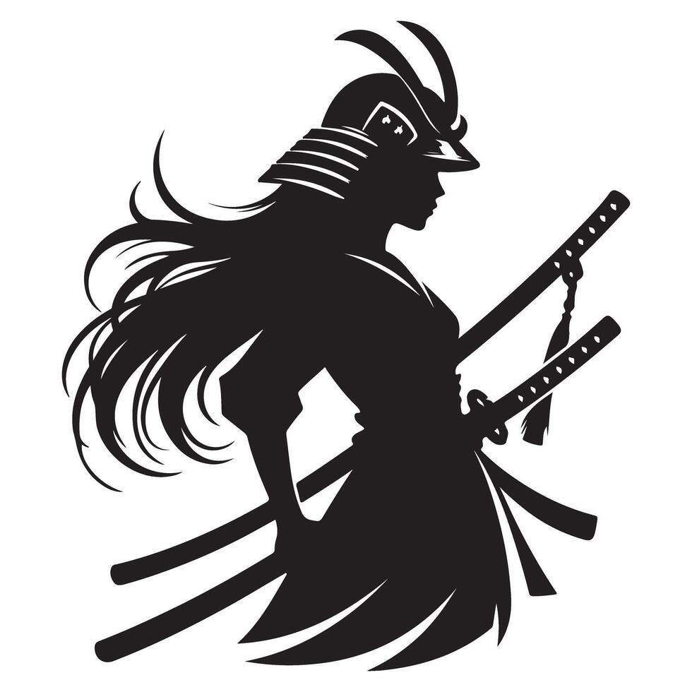 Female Samurai Warrior Silhouette Art with Katana Swords vector