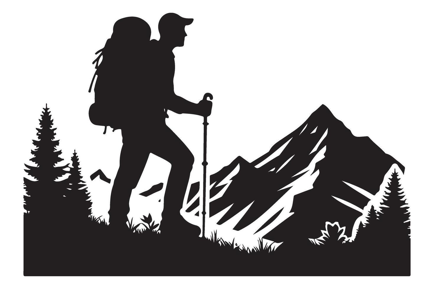 Silhouette hiker trekking mountain adventure travel outdoor vector