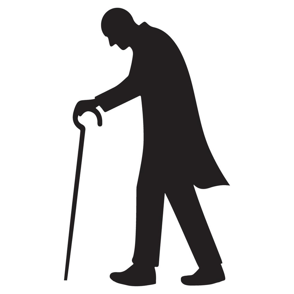 Old Man Silhouette Walking With Cane Elderly Person Art vector