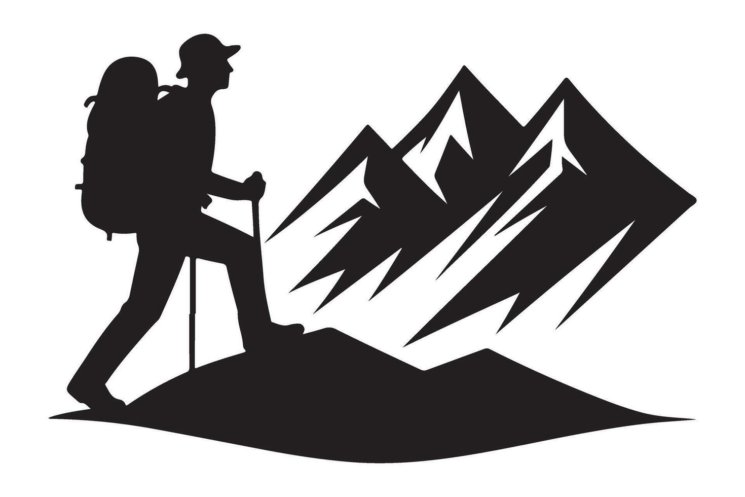 Silhouette of a hiker with backpack and mountains for adventures vector
