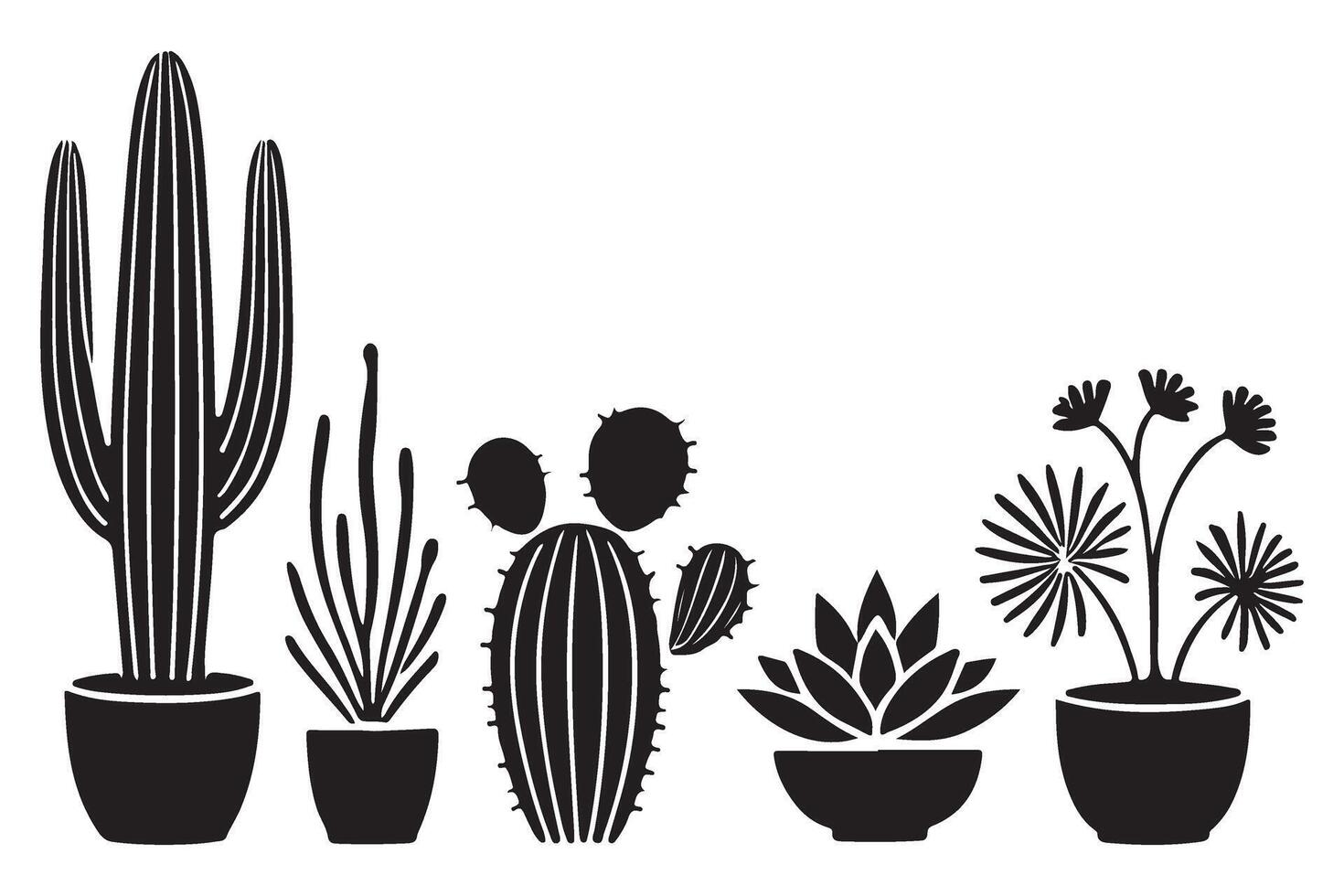 Variety of Cacti and Succulent Potted Plants Black Silhouette Art vector