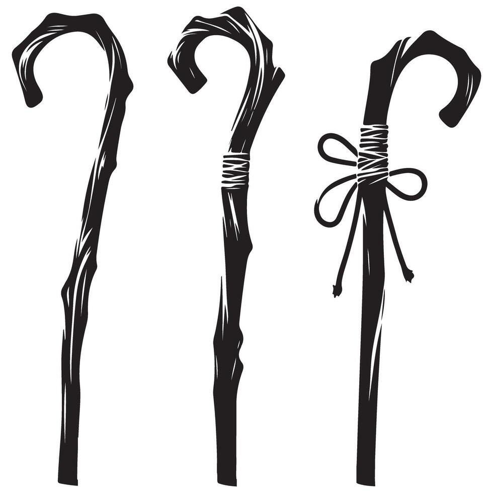 Walking cane silhouette illustrations set with rustic wooden texture vector