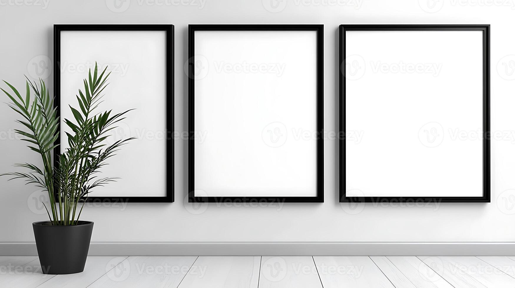 Three empty frames on a wall with a plant in a pot photo