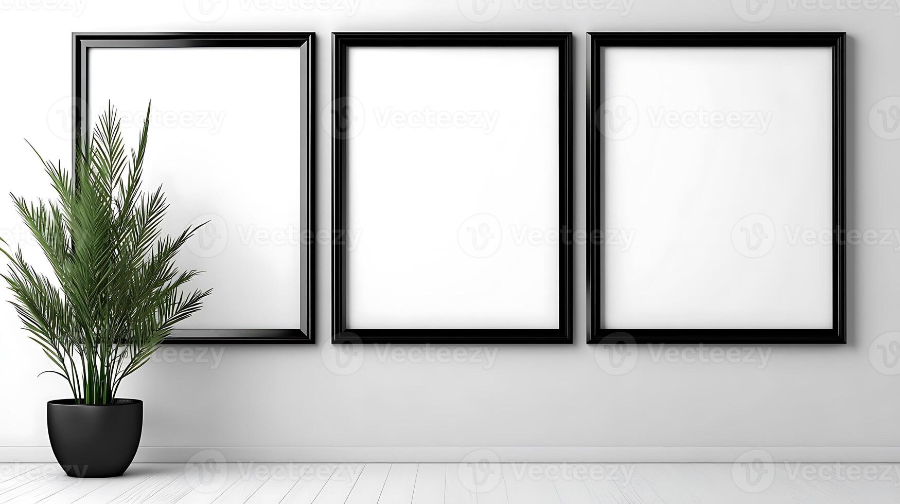 Three empty frames on a wall in a room photo
