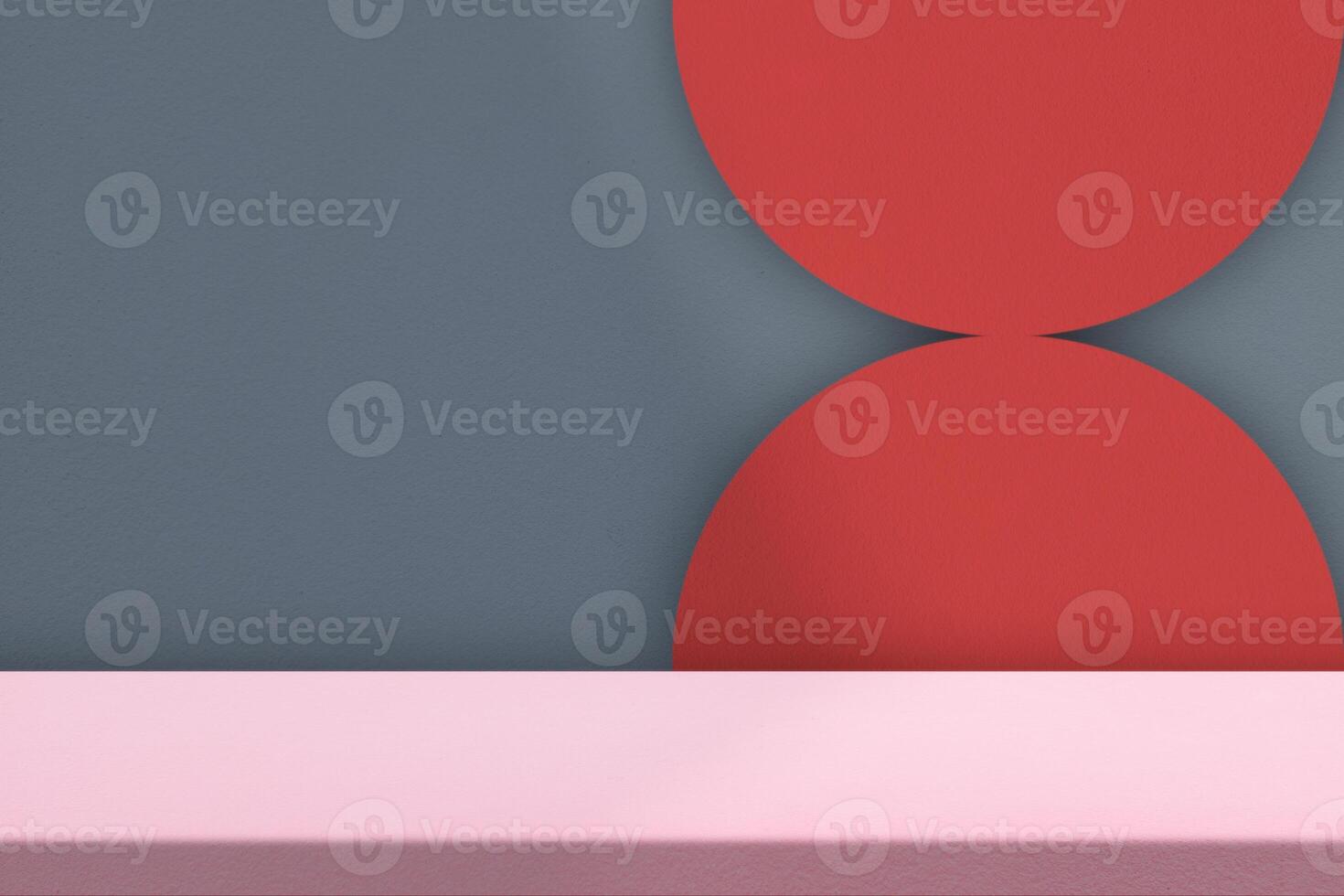 Empty Table with Light Beam and Shadow on Double Red Half Circle Wall Background photo