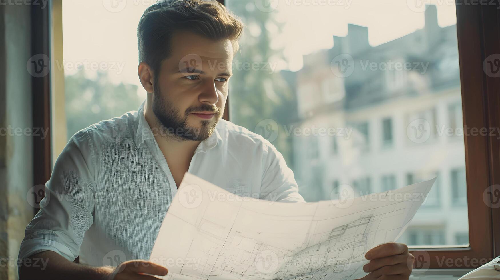 A man is looking at a blueprint on a table photo