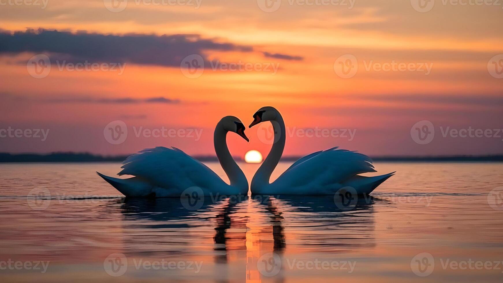 Two swans making a heart shape in the water at sunset photo