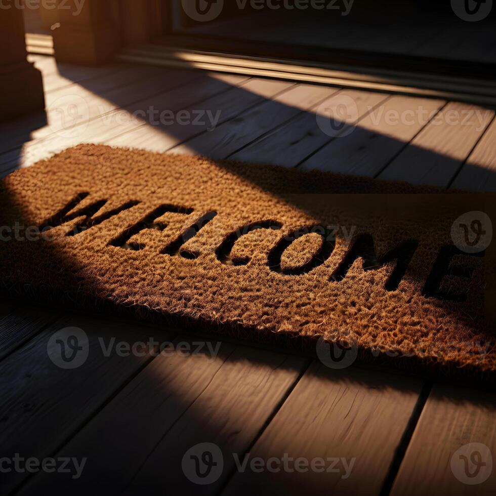 Close up of traditional welcome doormat on wooden floor with warm sunlight casting soft shadow entrance vibe photo