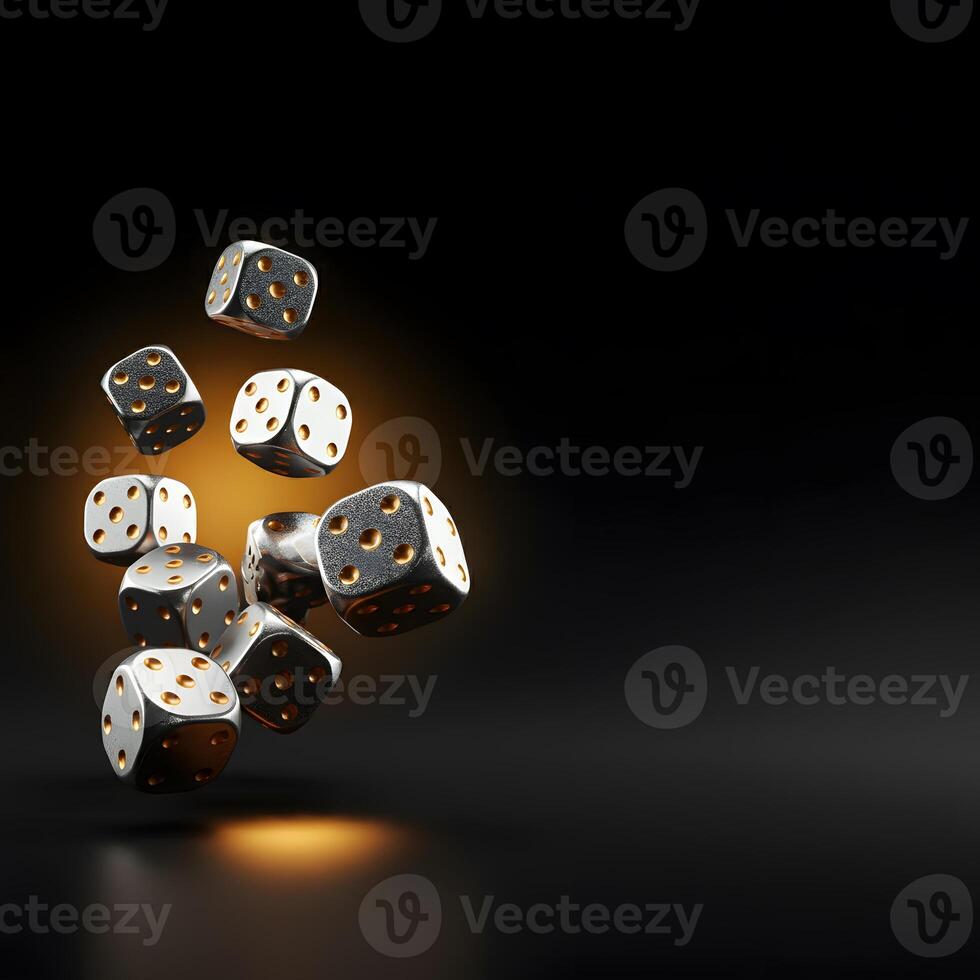Glowing dice with golden sparkles mid air against dark background casino luck and gambling concept photo