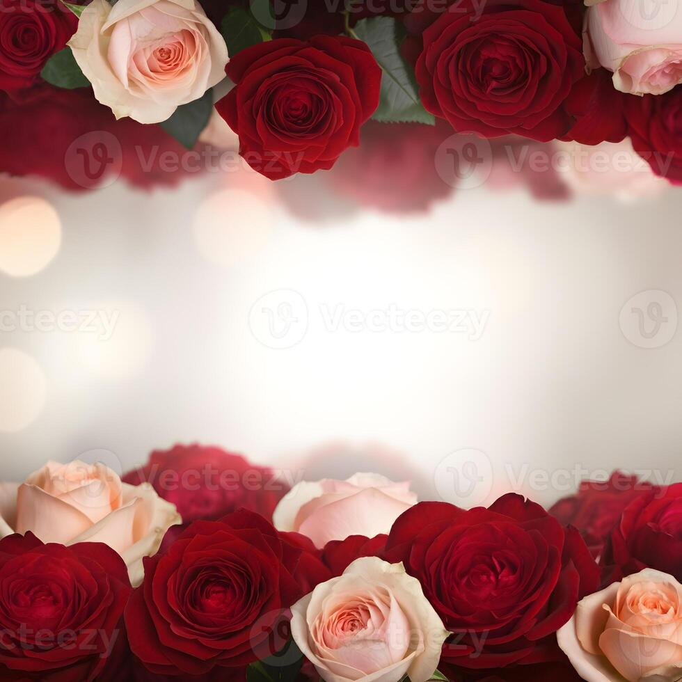 Romantic rose frame with red and pink roses on soft blurred background with copy space photo