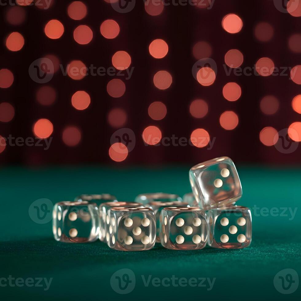 Transparent dice with white dots on green casino table with red bokeh background gambling luck game night concept photo