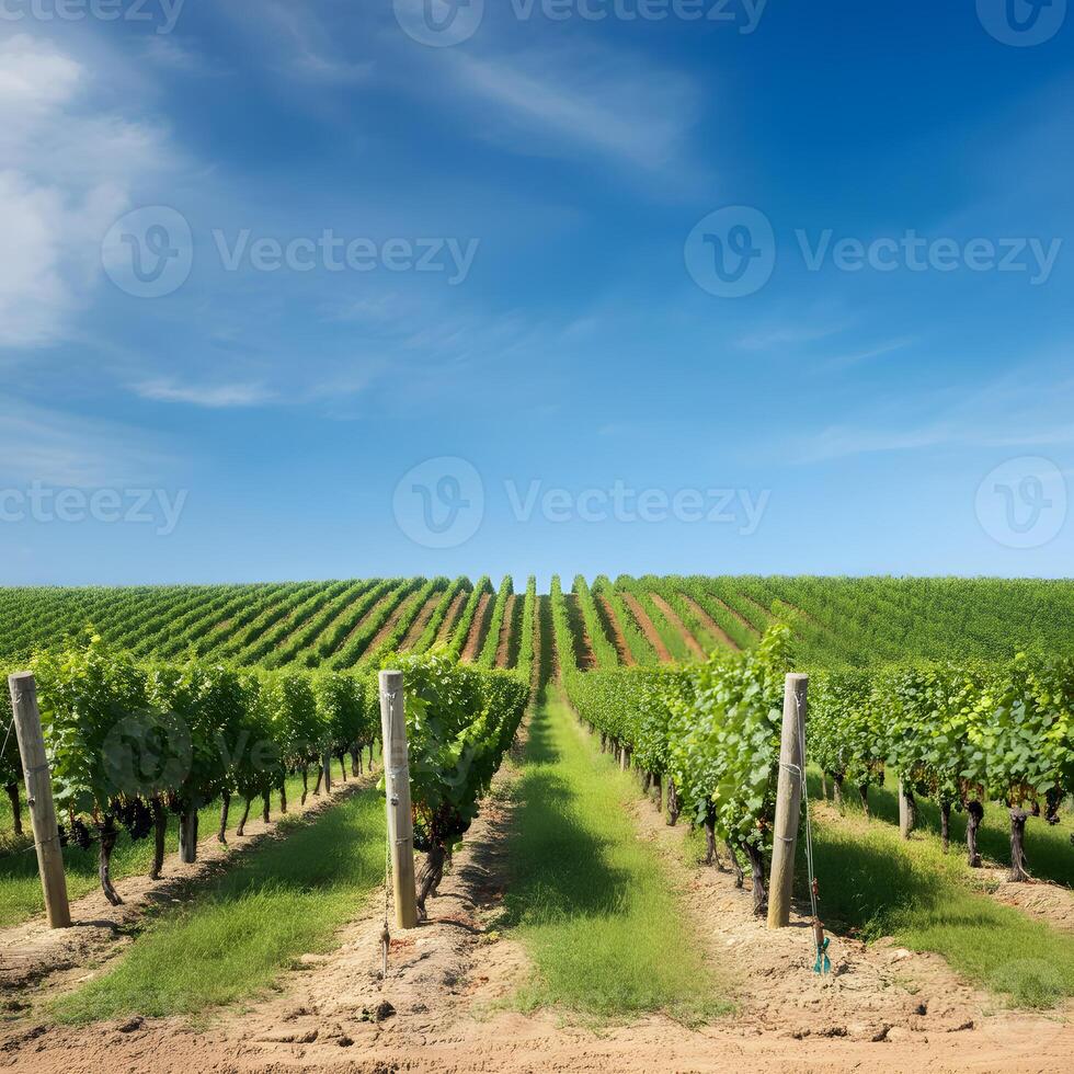 Vineyard rows under the bright blue sky lush green grapevines agricultural farming wine region landscape summer photo