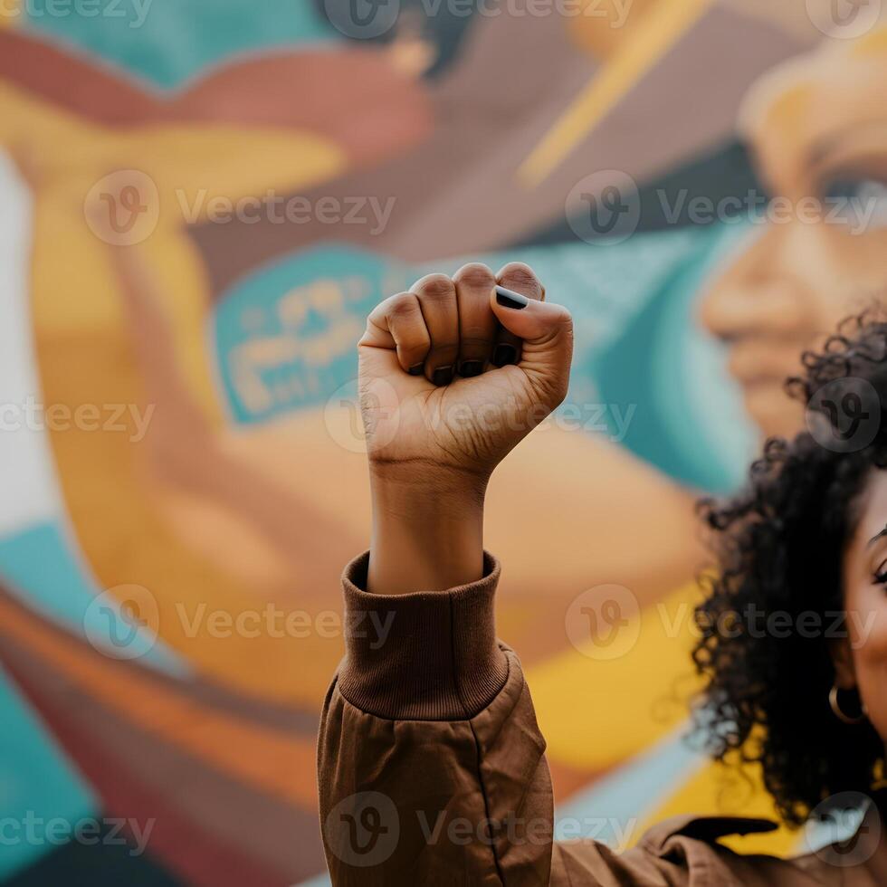 Raised fist of protester in front of colorful mural representing equality and social justice movement photo