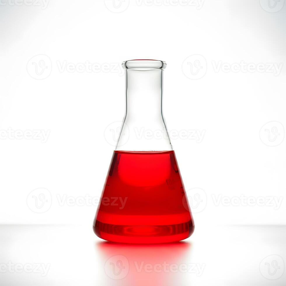 Laboratory Glass Flask filled with Red Liquid Chemistry Experiment Isolated on White Background photo