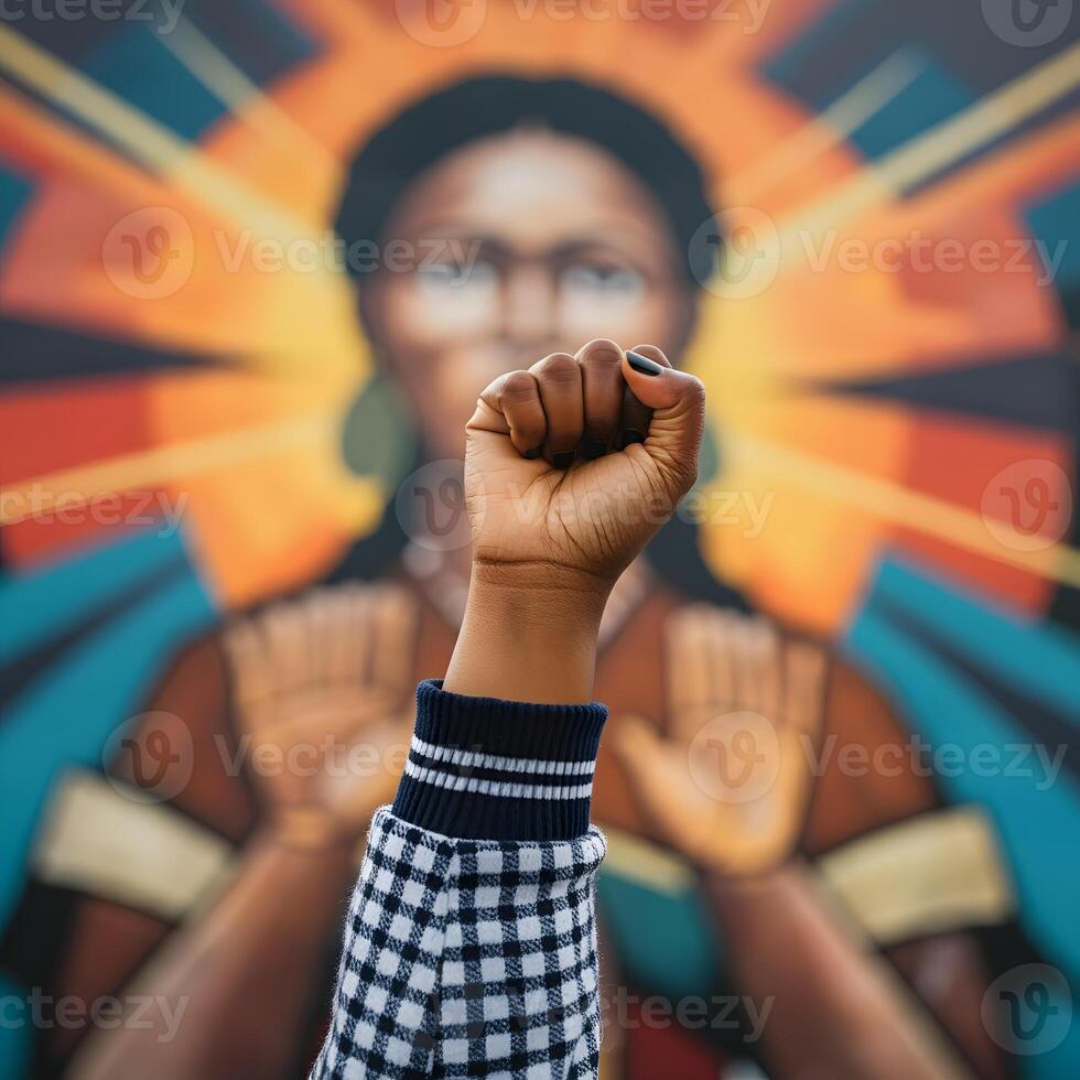 Raised fist of a protester in front of a colorful mural representing equality and social justice movement photo