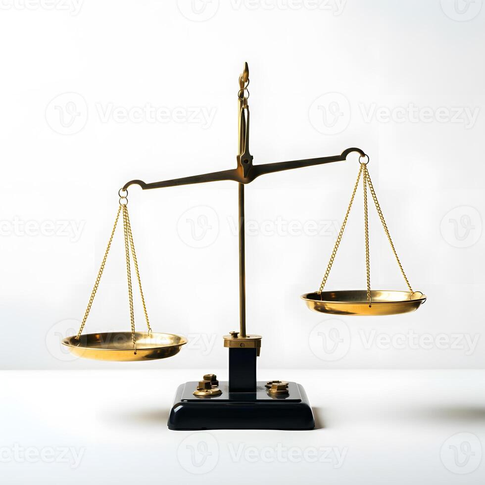 Brass Scales of Justice Symbol of Law and Equality Isolated on White Background photo