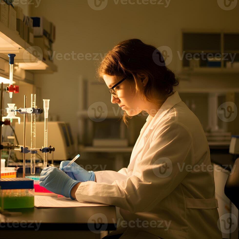 Focused female scientist in laboratory conducting chemical experiment under warm light using pipette and test tubes photo
