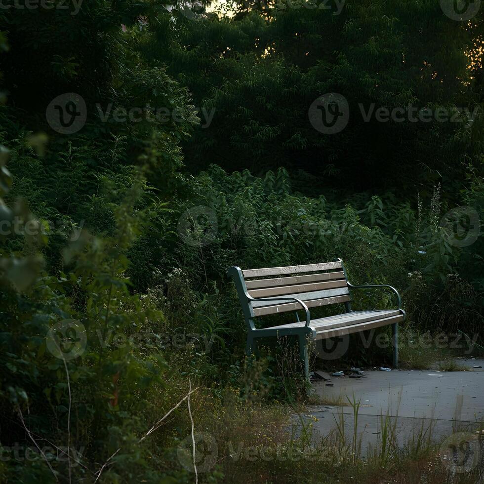 Isolated wooden bench in overgrown park with lush green foliage creating tranquil nature atmosphere photo