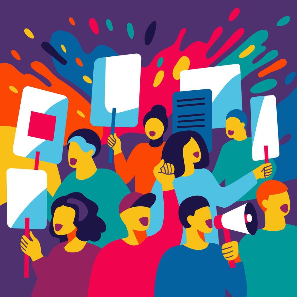 A dynamic, colorful illustration of a protest with diverse people holding signs and a megaphone. Ideal for articles, blogs, posters, campaigns, social media, and materials on activism and human rights vector