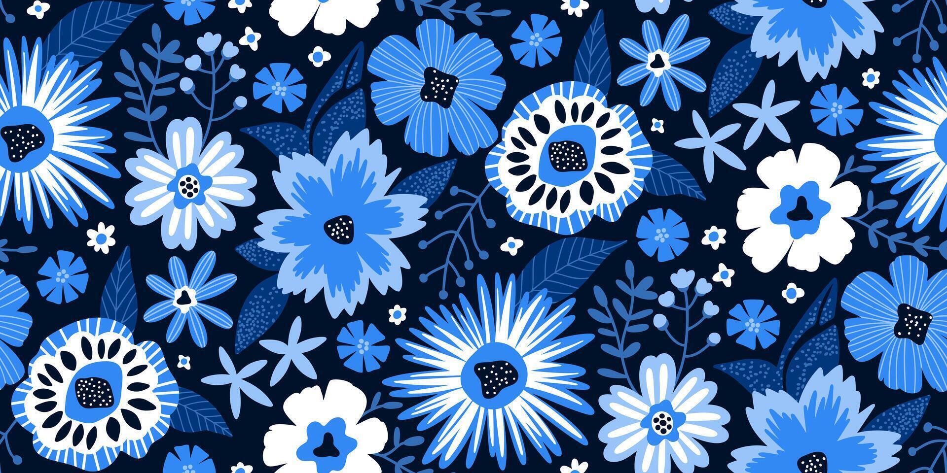 Seamless floral half drop pattern on a dark navy blue background featuring stylized flowers in shades of blue, white, and light blue. Ideal for textile design, wallpaper, or packaging. vector