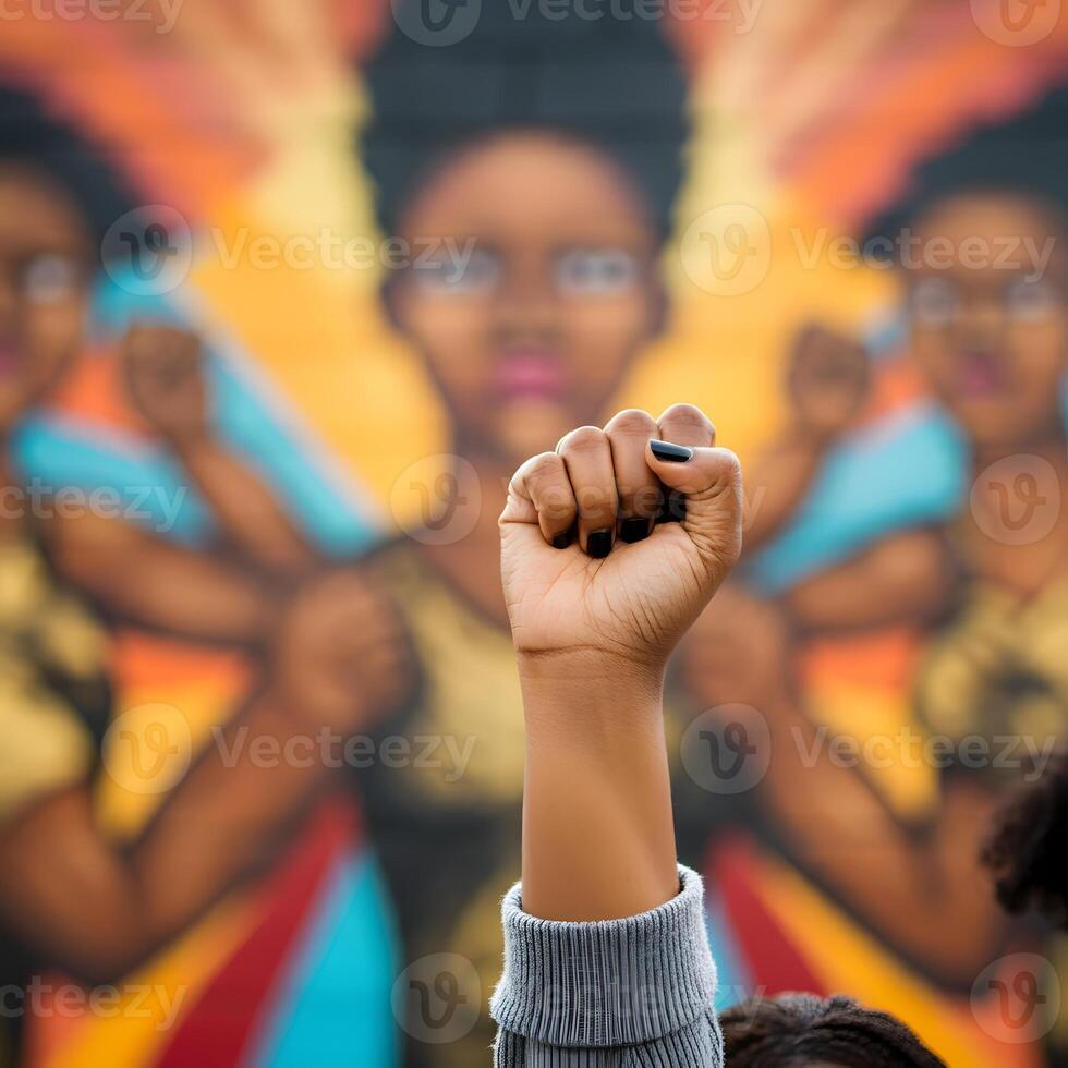 Raised fist of a protester in front of colorful mural representing equality and social justice movement photo