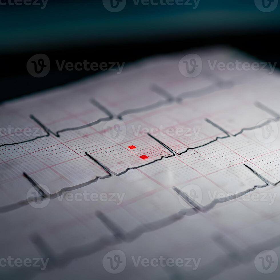 Close-up electrocardiogram ECG monitor showing heart rhythms in a medical setting photo