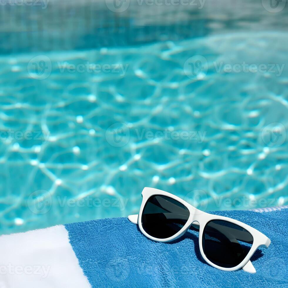 Round sunglasses with gold frame on folded white towel by turquoise swimming pool edge luxury summer resort style photo