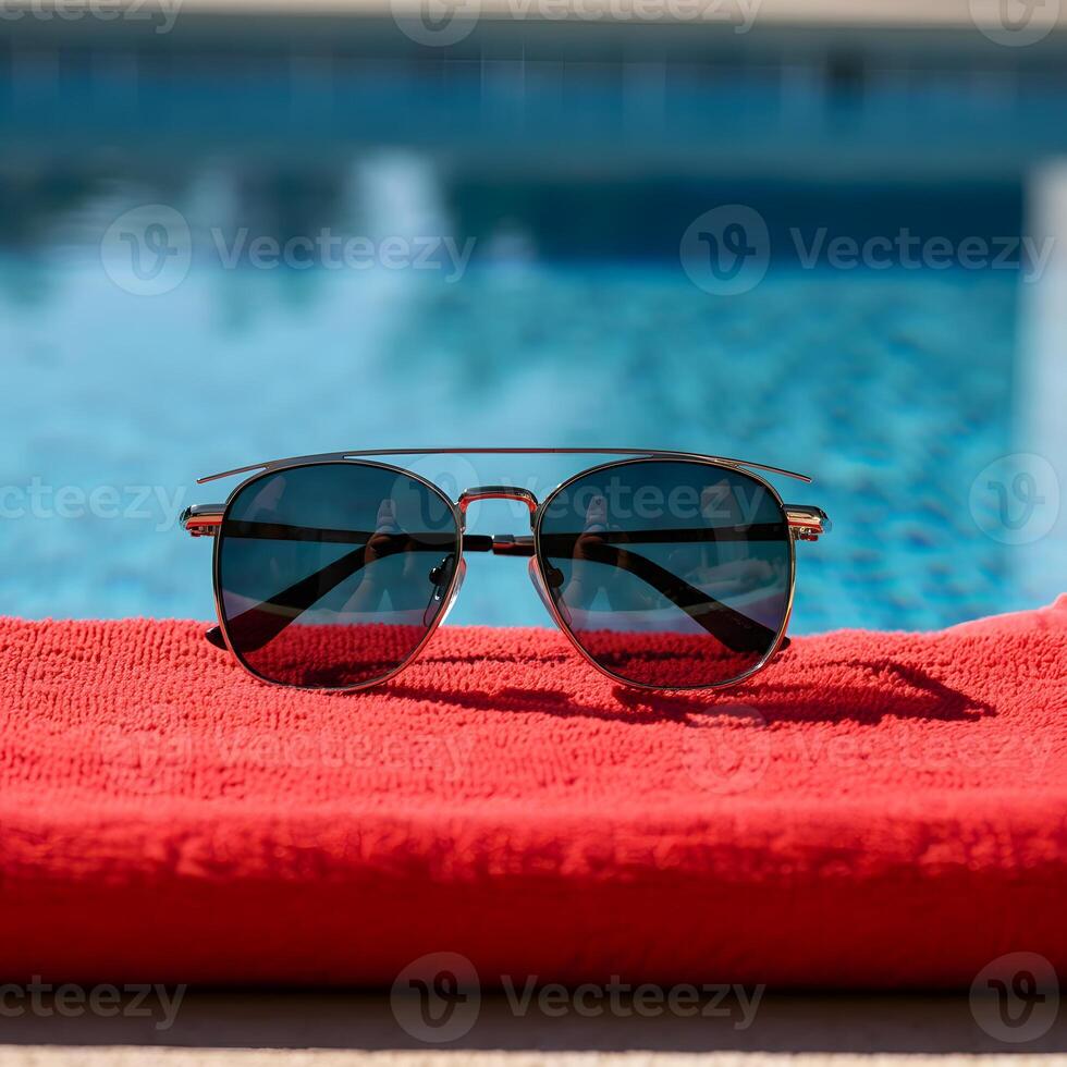 Round sunglasses with gold frame on a folded white towel by turquoise swimming pool edge luxury summer resort style photo