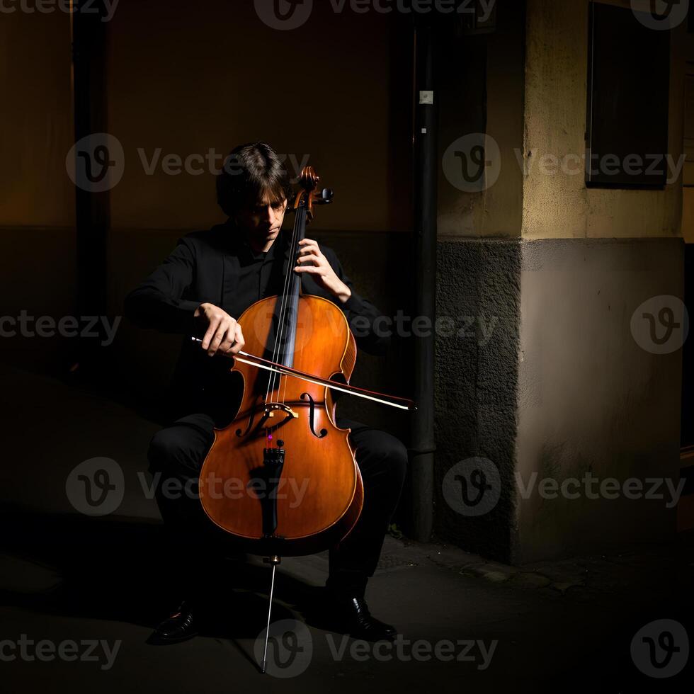 Young man playing cello at night with focused expression in moody urban street setting under soft lighting photo