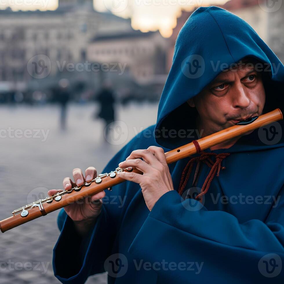Man in blue hooded robe playing wooden flute outdoors with blurred city background and soft focus photo