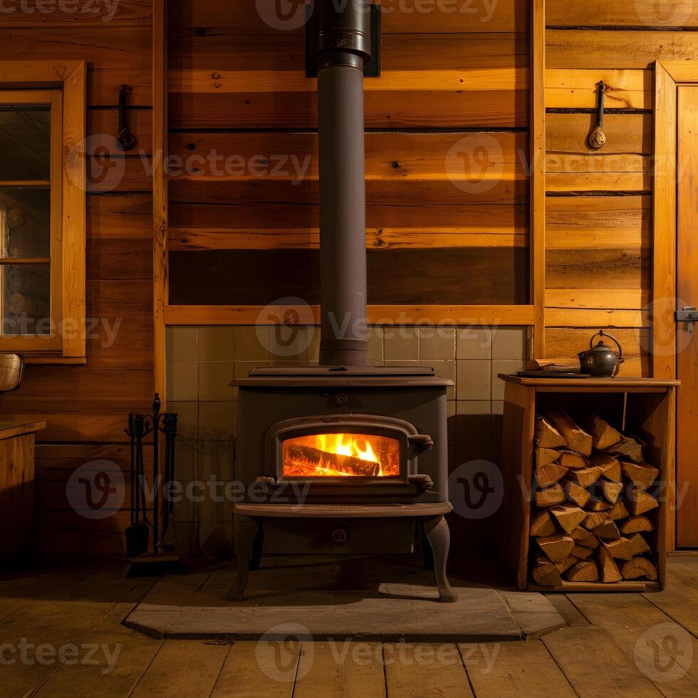 Traditional cast iron wood burning stove with warm glow in log cabin interior with stacked firewood photo
