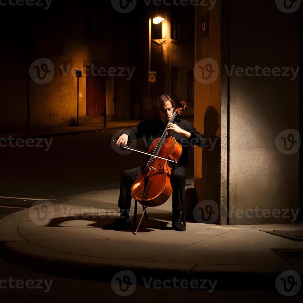 Young man playing cello at night with focused expression in a moody urban street setting under soft lighting photo