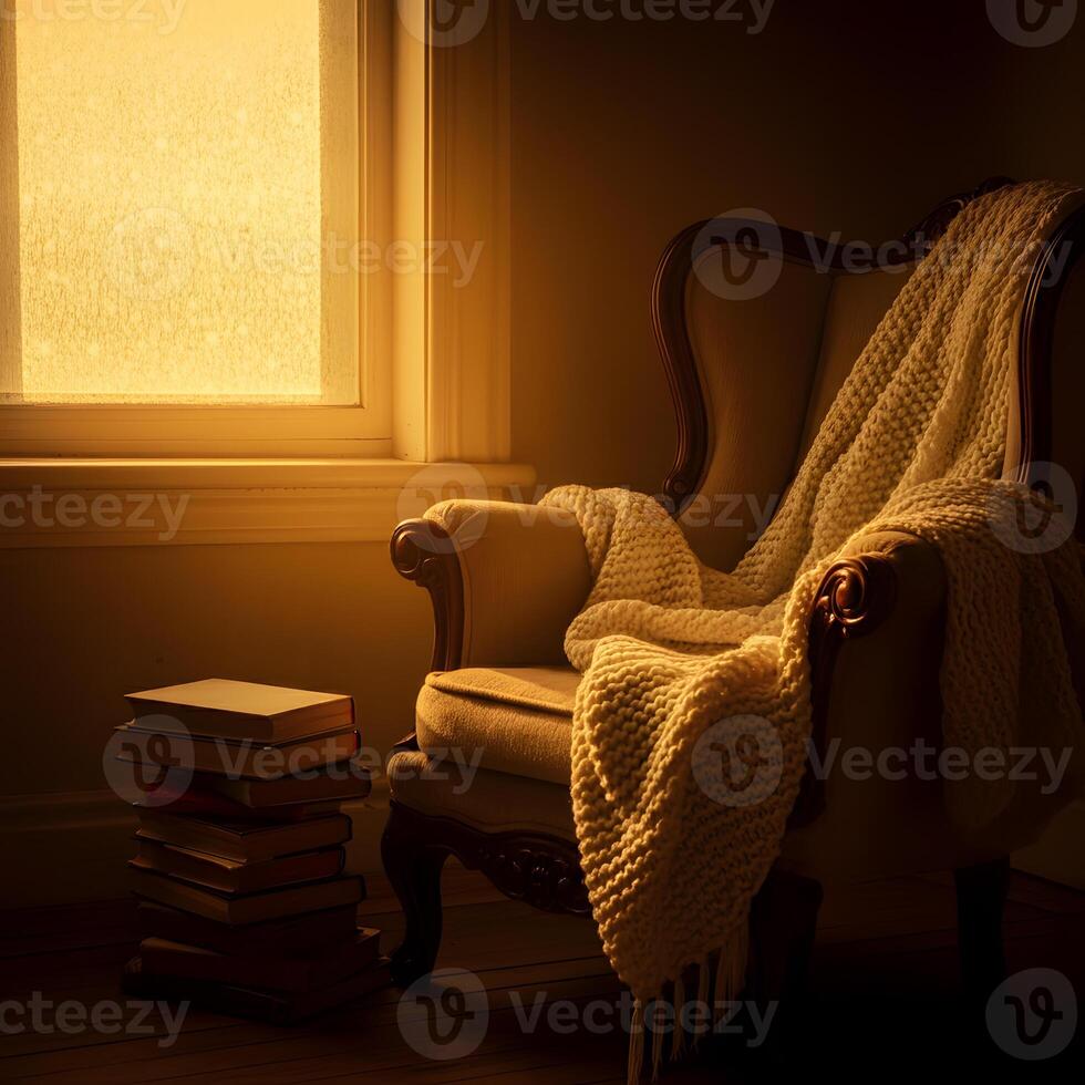 Cozy armchair with warm knitted blanket and stack of books bathed in soft golden sunlight near frosted window photo