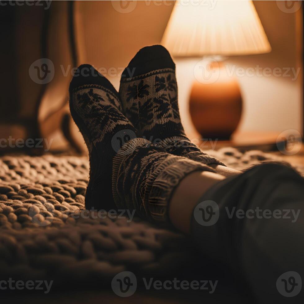 Cozy winter evening while resting with patterned wool socks on thick knitted rug near warm lamp light indoors photo