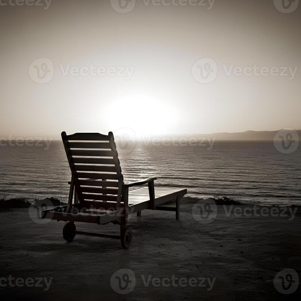Wooden sun lounger on sandy beach facing tranquil ocean horizon at sunrise minimalist serene coastal retreat photo