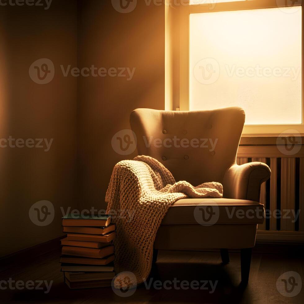 Cozy armchair with warm knitted blanket and stack of books bathed under soft golden sunlight near frosted window photo