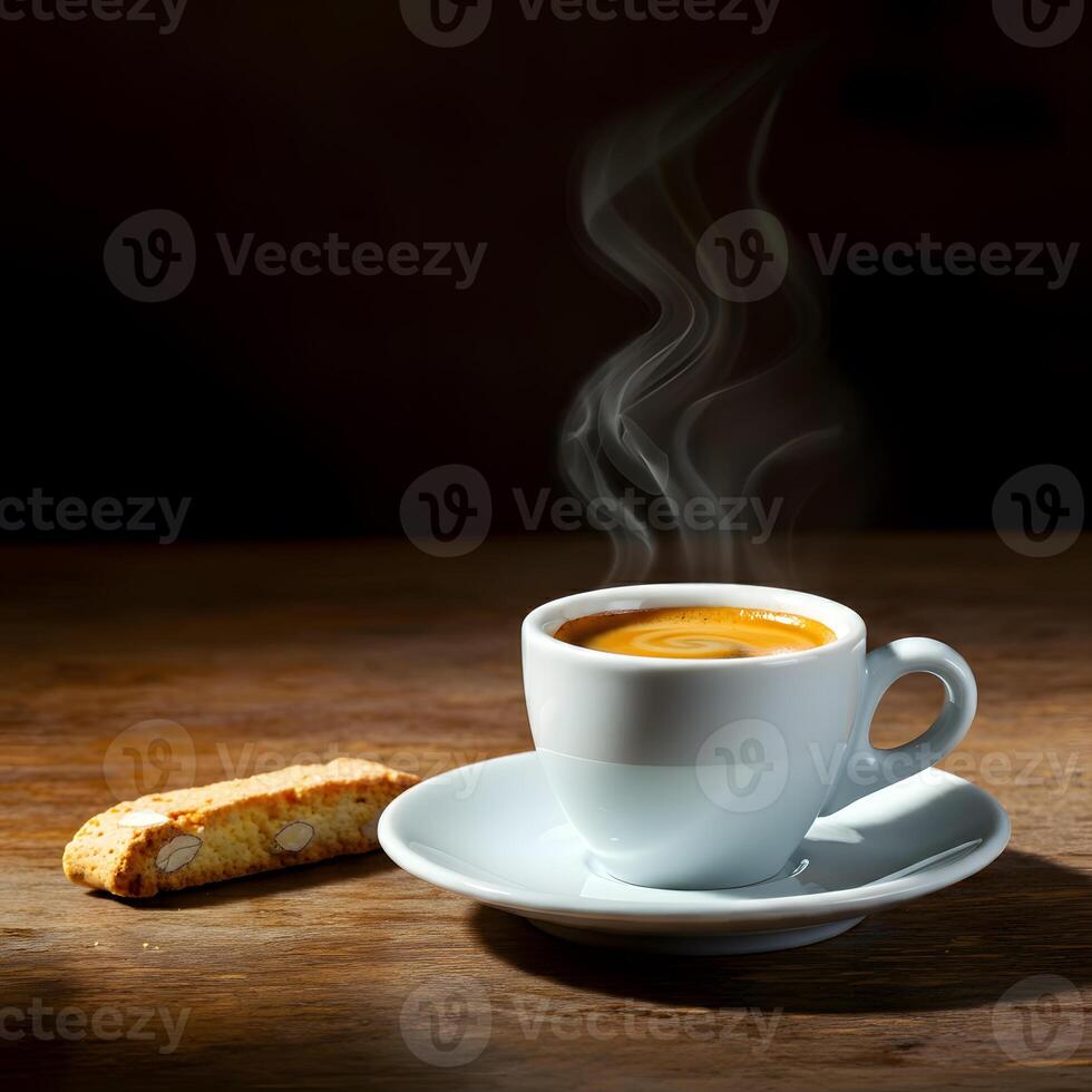 Freshly brewed hot espresso with biscotti on rustic wooden table warm cozy ambiance coffee break morning cafe vibe photo