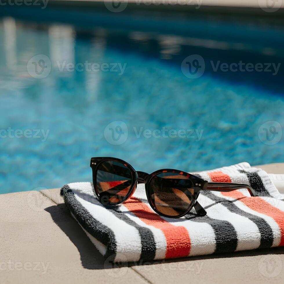 Round sunglasses with gold frame on folded white towel by a turquoise swimming pool edge luxury summer resort style photo
