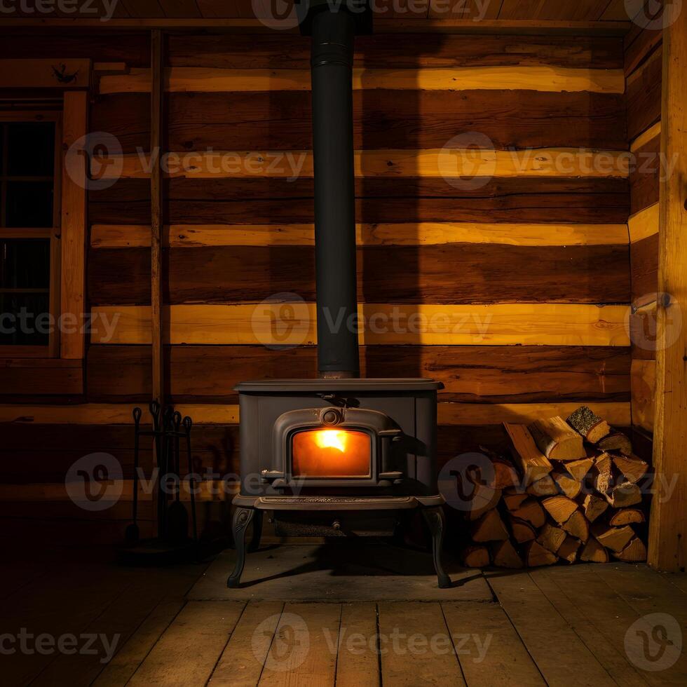 Traditional cast iron wood burning stove with warm glow in a log cabin interior with stacked firewood photo