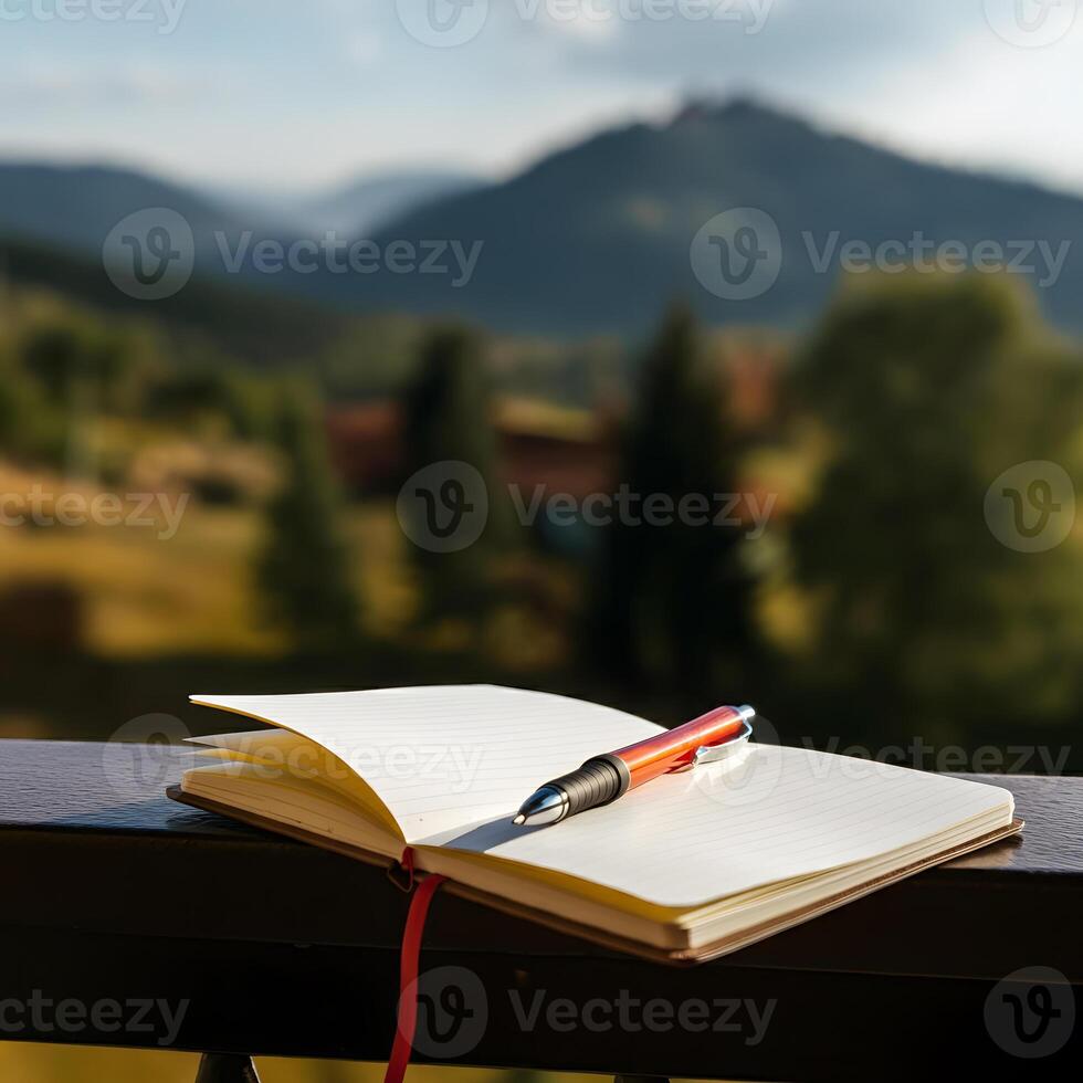 Open journal with fountain pen on balcony railing overlooking scenic mountains during golden hour sunset photo