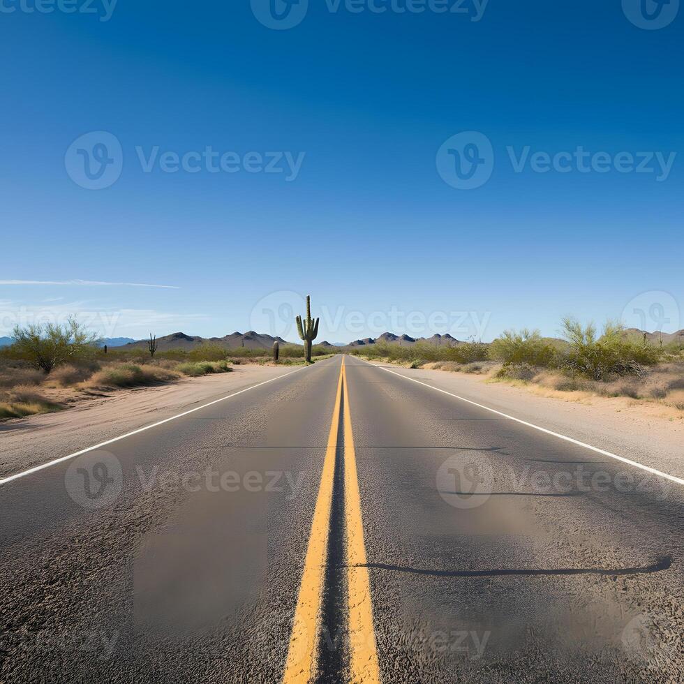Long straight desert highway with yellow road lines cactus and rock formations under cloudy American southwest roadtrip photo