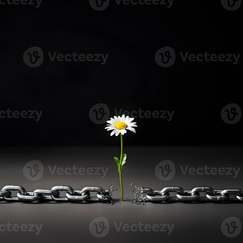 Flower petal breaking metal chain symbolizing freedom vulnerability strength on a soft blue background minimal style photo