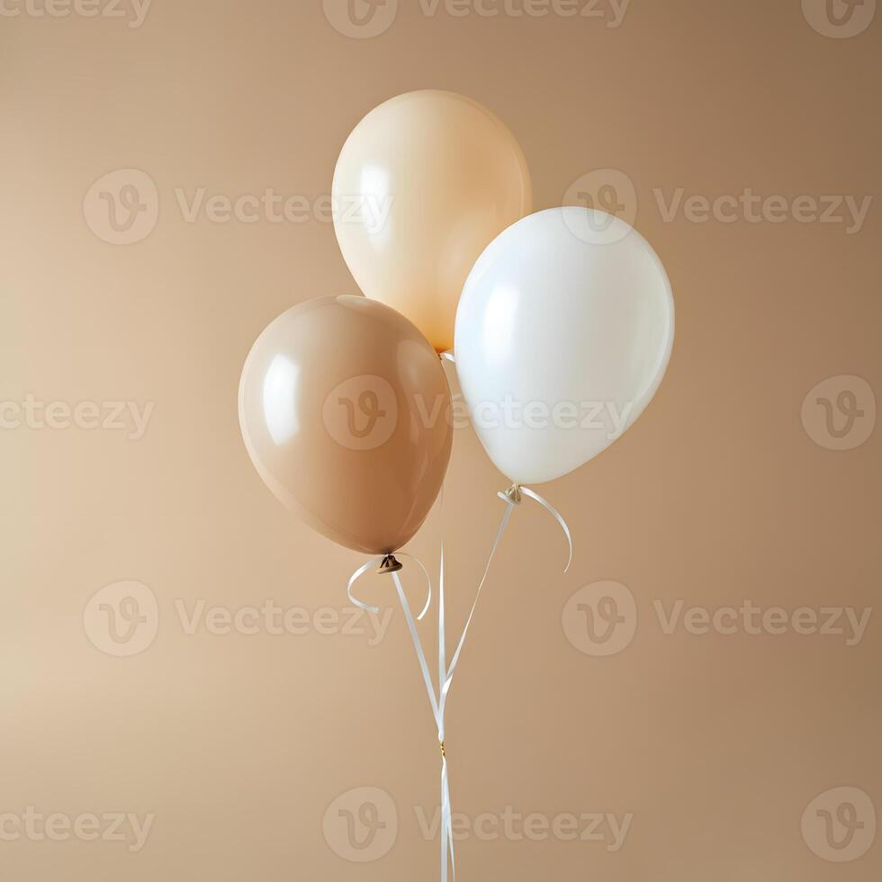 Beige and white balloons floating with delicate ribbon against neutral background minimal elegant party decor concept photo