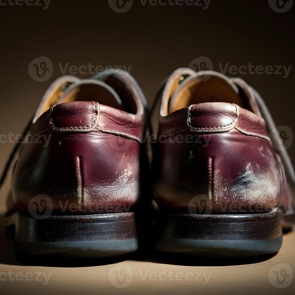 Worn black leather boots close up vintage rugged footwear showing scuffed texture with laces on dark background photo