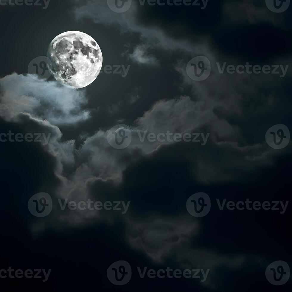 Bright full moon illuminating swirling dark cloud at night in moody atmospheric sky photo