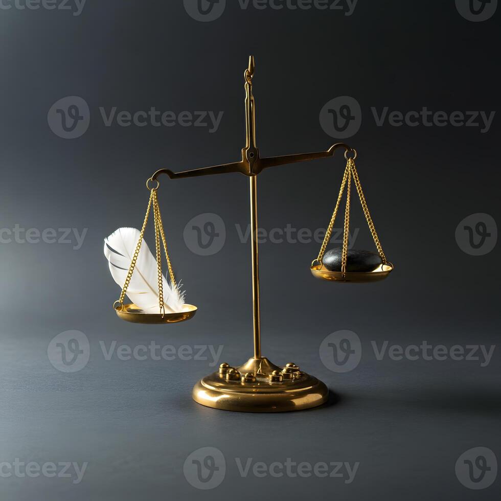 Brass balance scale with delicate feather and heavy stone on opposite sides symbolizing fairness and justice photo