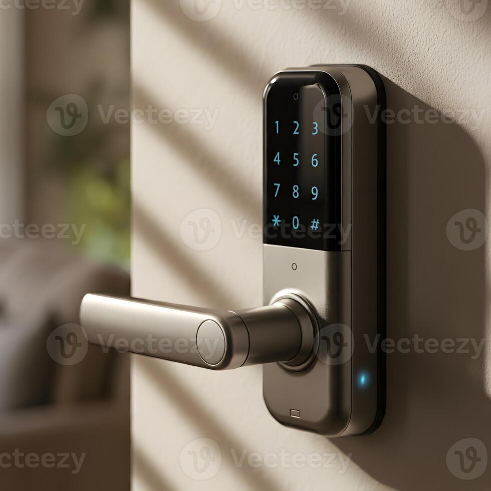 Modern digital smart door lock with illuminated keypad touchscreen security system on a home entrance photo