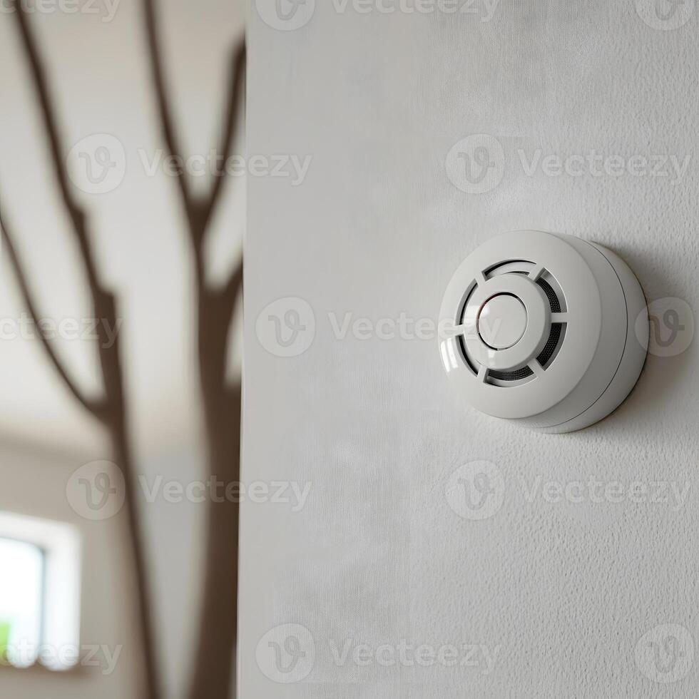Modern smoke detector mounted white wall with soft tree shadow enhancing home safety awareness photo
